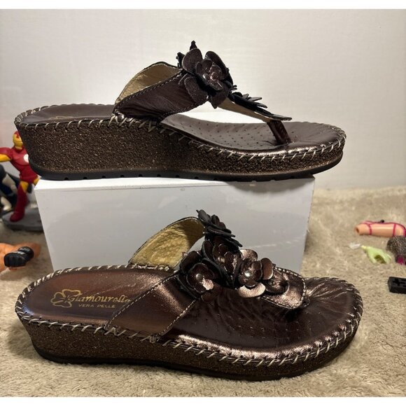Glamourella Vera Pella Sandles Womens Floral Brown Wedge Leather Size 37 US 6.5 - Picture 4 of 10